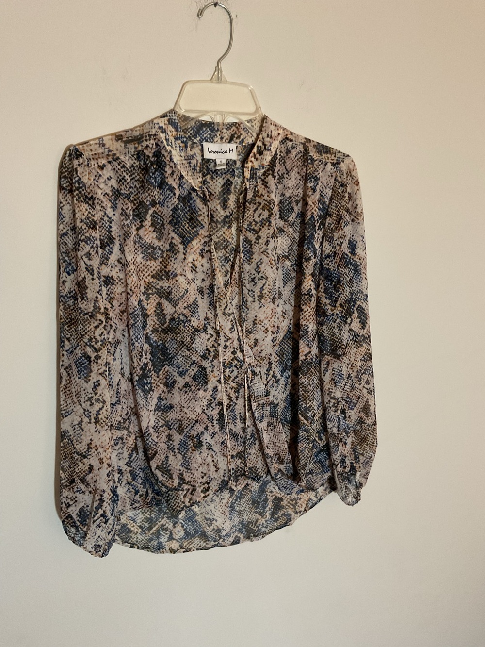 Veronica M Blue and Taupe Snake-Print Tie-Neck Blouse